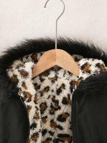 SHEIN 女童休閒冬季夾克，梭織素色拼接豹紋印花，人造毛內裡，連帽人造毛飾邊 - 彩色 - 查看 9