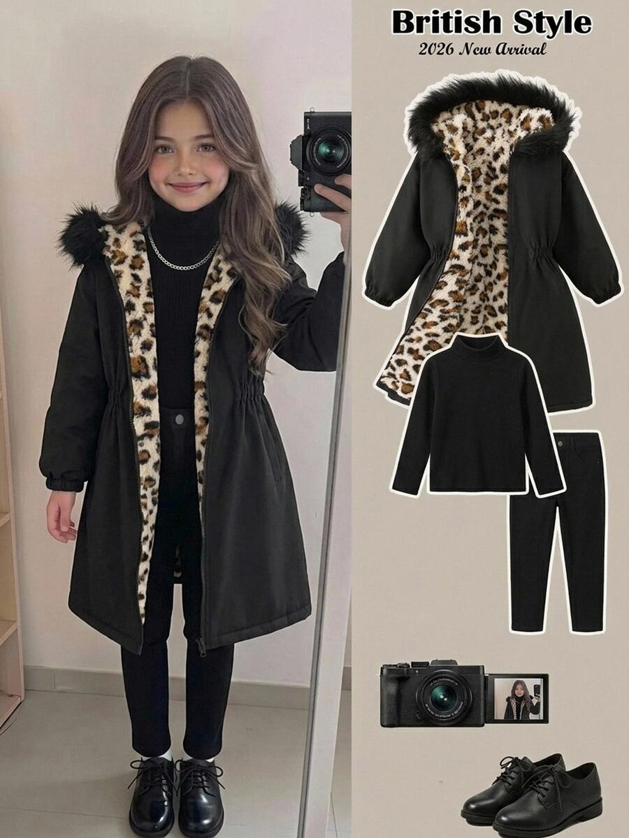 SHEIN 女童休閒冬季夾克,梭織素色拼接豹紋印花,人造毛內裡,連帽人造毛飾邊 - 彩色 - 查看 1