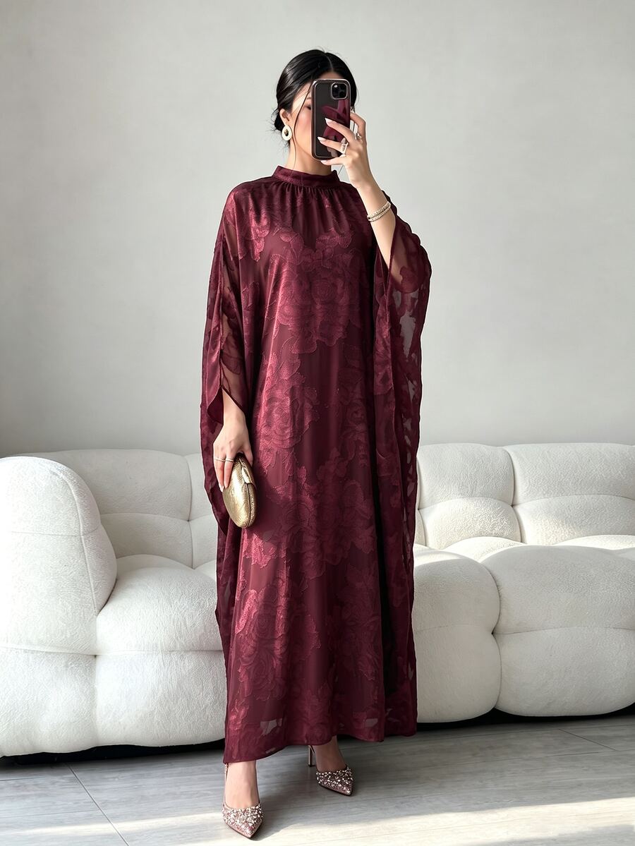 Al Najma Women's Chiffon Floral Cut-Out Elegant Loose Romantic Party Evening Dress Arabic Style - Burgundy - View 1