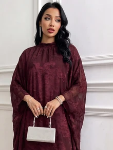 Al Najma Women's Chiffon Floral Cut-Out Elegant Loose Romantic Party Evening Dress Arabic Style - Burgundy - View 7