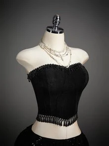 SHEIN ICON 女士串珠流苏设计修身抹胸上衣 - 黑色 - 查看 10