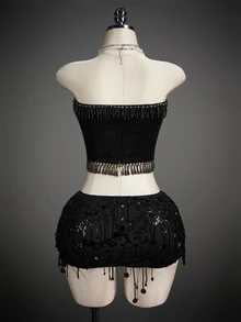 SHEIN ICON 女士串珠流苏设计修身抹胸上衣 - 黑色 - 查看 2