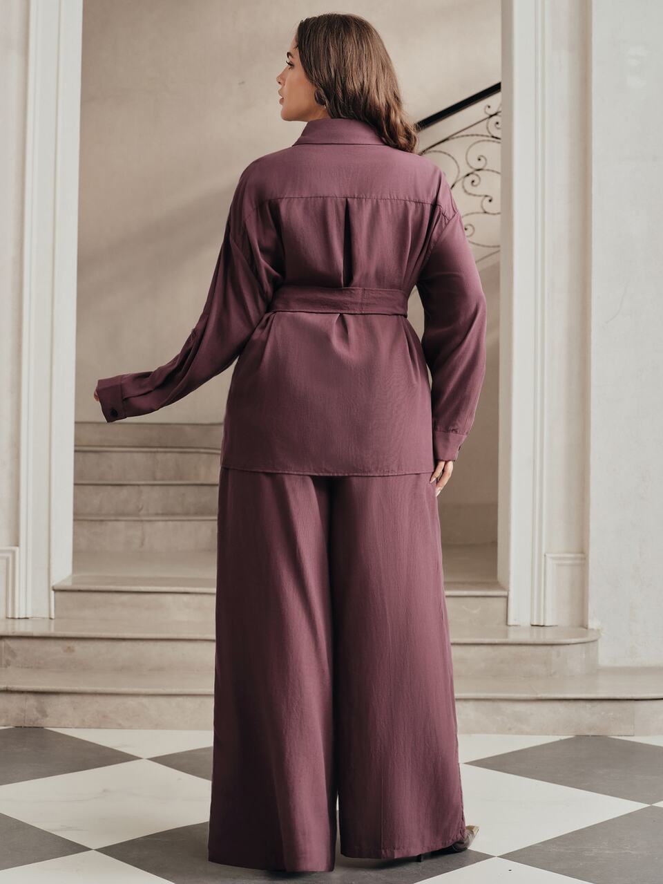 Anewsta Autumn/Winter Lace-Up Waist Cargo Style Style Shirt + Wide Leg Pants Plus Size 2 Pieces Set Fall
