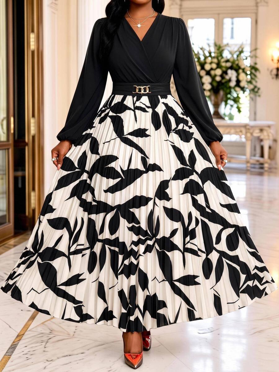 SHEIN Lady Plus Size Elegant Celestial Party Evening Dinner Formal Theme Colorblock Patchwork Floral Print Pleated Dress Black Autumn Fall Wedding - Multicolor - View 1