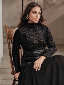 Anewsta Velvet Burnout Sheer Long Sleeve Slim Fit Plus Size Women's Top - Black - View 1