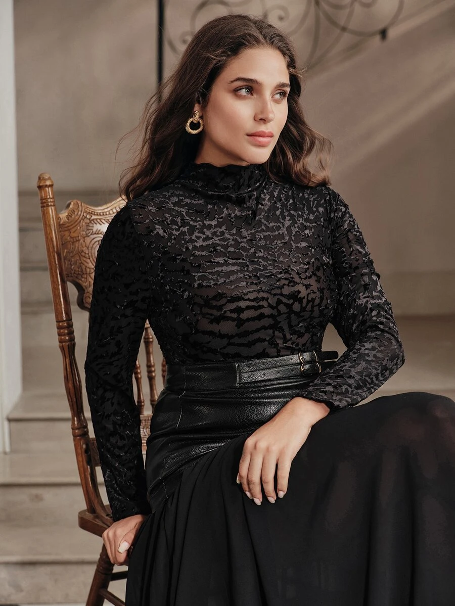 Anewsta Velvet Burnout Sheer Long Sleeve Slim Fit Plus Size Women's Top - Black - View 1