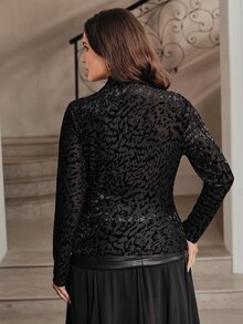 Anewsta Velvet Burnout Sheer Long Sleeve Slim Fit Plus Size Women's Top - Black - View 7