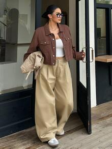 Rivivi Women's Plus Size Button Front Long Sleeve Cropped Denim Jacket - Brown - View 6