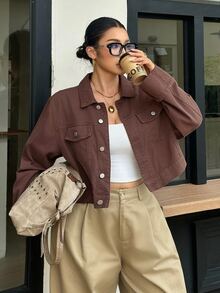 Rivivi Women's Plus Size Button Front Long Sleeve Cropped Denim Jacket - Brown - View 3