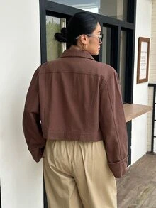 Rivivi Women's Plus Size Button Front Long Sleeve Cropped Denim Jacket - Brown - View 2