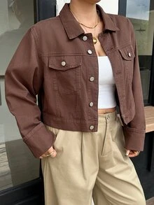 Rivivi Women's Plus Size Button Front Long Sleeve Cropped Denim Jacket - Brown - View 8