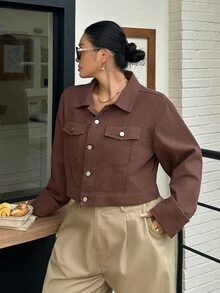 Rivivi Women's Plus Size Button Front Long Sleeve Cropped Denim Jacket - Brown - View 4