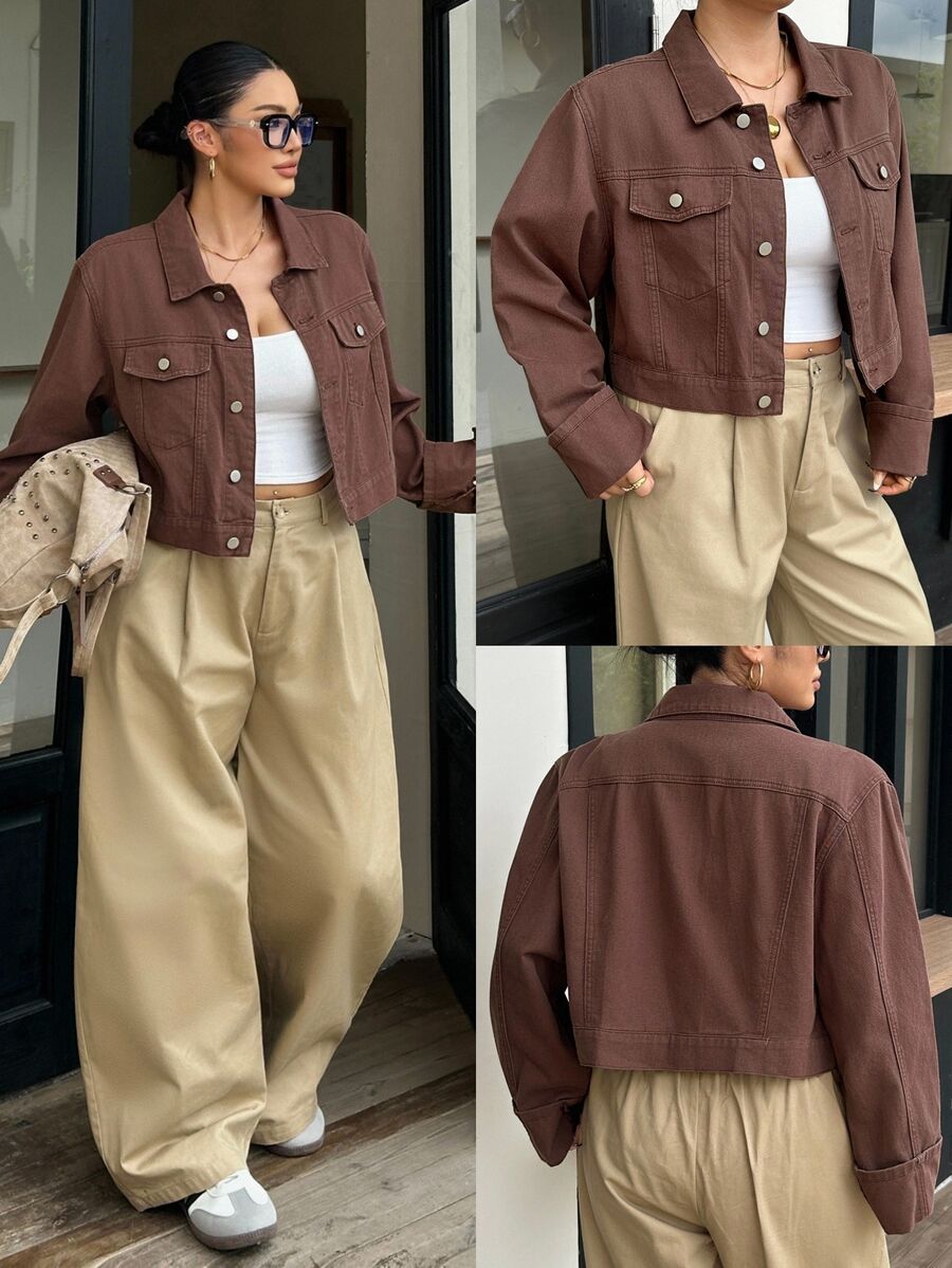 Rivivi Women's Plus Size Button Front Long Sleeve Cropped Denim Jacket - Brown - View 1