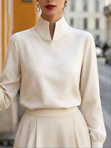 SHEIN LUNE Light Blue Solid Color Smooth Fabric Small Stand Collar Split Placket Cuffed Long Sleeve Drape Blouse, Minimalist Elegant Office Commute Business Top - Apricot - View 4