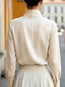 SHEIN LUNE Light Blue Solid Color Smooth Fabric Small Stand Collar Split Placket Cuffed Long Sleeve Drape Blouse, Minimalist Elegant Office Commute Business Top - Apricot - View 2