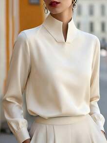 SHEIN LUNE Light Blue Solid Color Smooth Fabric Small Stand Collar Split Placket Cuffed Long Sleeve Drape Blouse, Minimalist Elegant Office Commute Business Top - Apricot - View 1