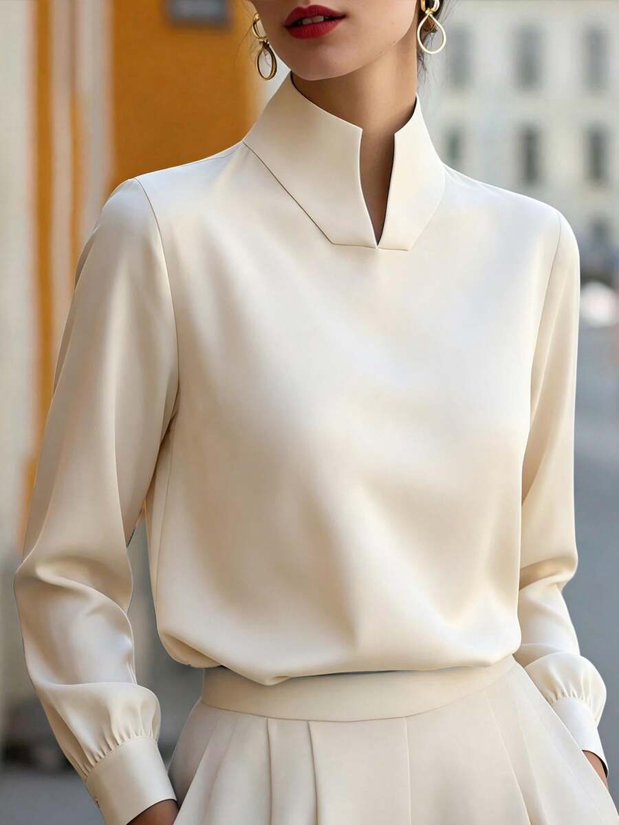 SHEIN LUNE Light Blue Solid Color Smooth Fabric Small Stand Collar Split Placket Cuffed Long Sleeve Drape Blouse, Minimalist Elegant Office Commute Business Top - Apricot - View 1