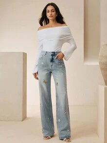 Anewsta Tall Washed Blue Puppy Embroidered Straight Leg Jeans - Blue - View 6