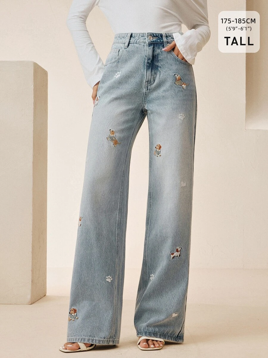 Anewsta Tall Washed Blue Puppy Embroidered Straight Leg Jeans - Blue - View 1