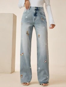 Anewsta Tall Washed Blue Puppy Embroidered Straight Leg Jeans - Blue - View 5