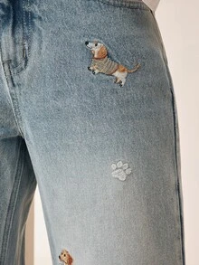 Anewsta Tall Washed Blue Puppy Embroidered Straight Leg Jeans - Blue - View 2