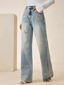 Anewsta Tall Washed Blue Puppy Embroidered Straight Leg Jeans - Blue - View 4