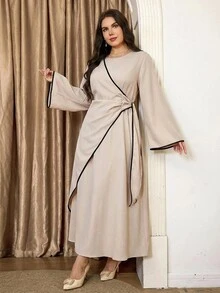 Modelyn 大尺碼優雅通勤繫帶式裹身洋裝 - 杏色 - 查看 6