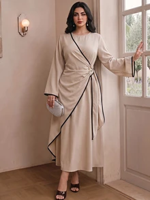 Modelyn 大尺碼優雅通勤繫帶式裹身洋裝 - 杏色 - 查看 4