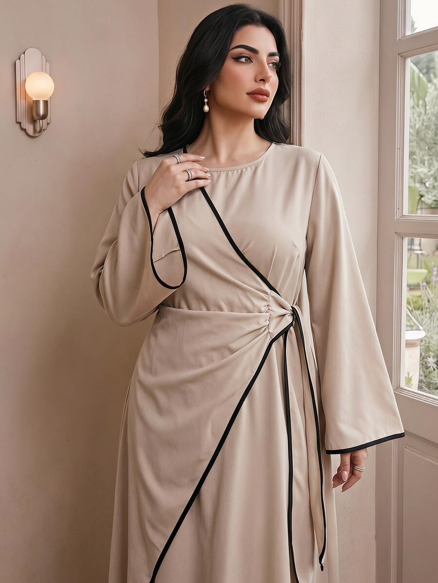 Modelyn Plus Size Elegant Commuter Wrap Dress With Tie - Apricot - View 1
