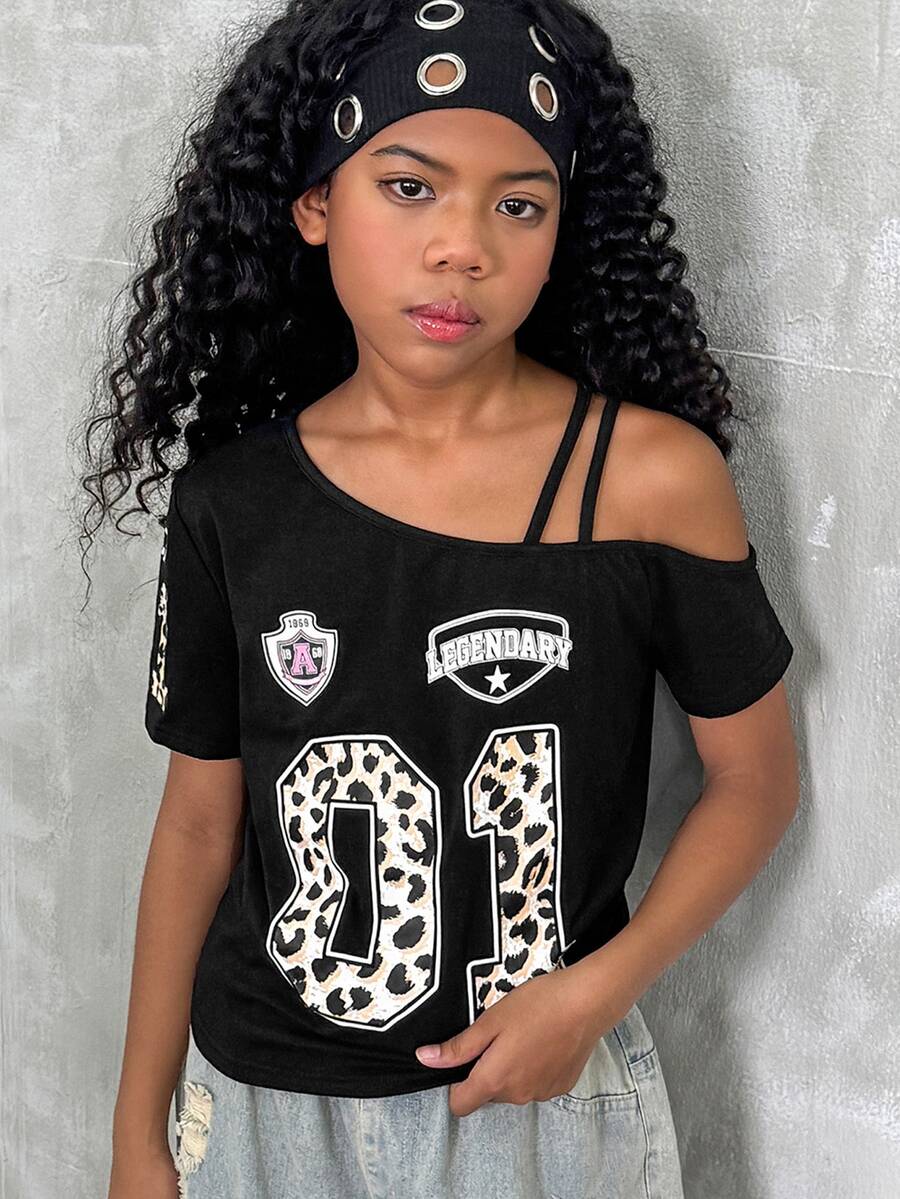 Mom & Tween Girls Matching Leopard Print Number 01 Badge Open Shoulder T-Shirt, Retro Loose Summer Family Top,Summer - Black - View 1