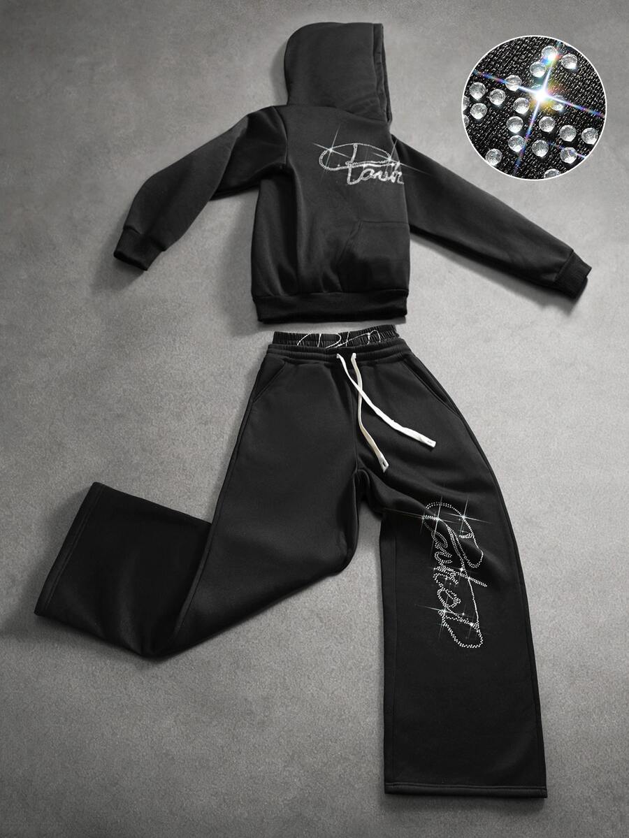 PAVTROS Men's Rhinestone Letter Pattern Hoodie And Drawstring Waist Long Pants Casual Set - Black - View 1