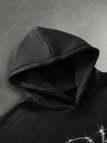 PAVTROS 男士水鑽字母圖案連帽衫與抽繩腰長褲休閒套裝 - 黑色 - 查看 5