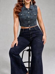 Flexra Jaket Denim Tanpa Lengan Motif Bunga Biru Tua Kasual Nyaman Ukuran Besar untuk Wanita - Dark Wash - View 3