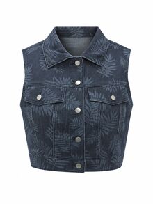 Flexra Jaket Denim Tanpa Lengan Motif Bunga Biru Tua Kasual Nyaman Ukuran Besar untuk Wanita - Dark Wash - View 7