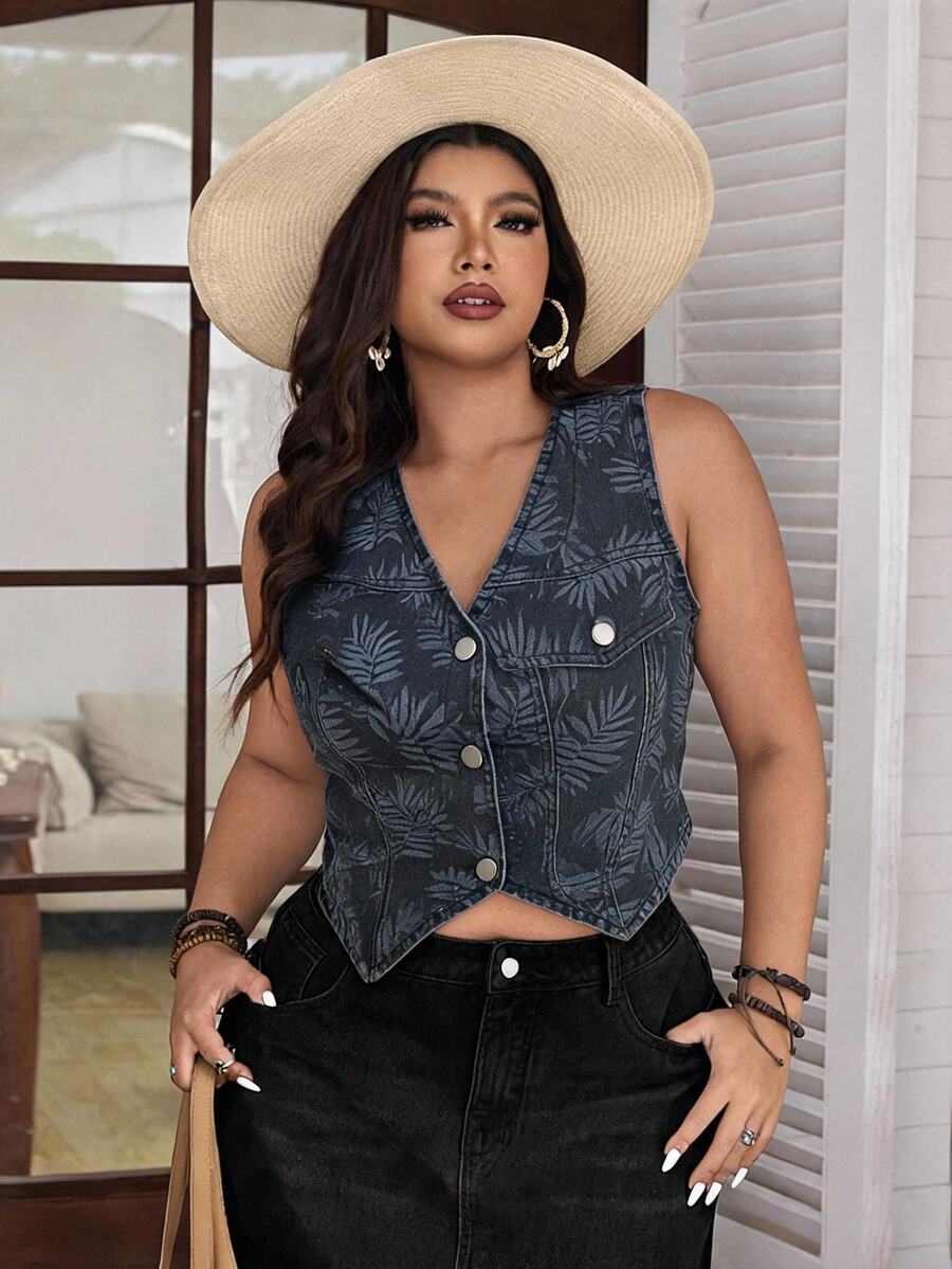 Flexra Jaket Denim Tanpa Lengan Motif Bunga Biru Tua Kasual Nyaman Ukuran Besar untuk Wanita - Dark Wash - View 1