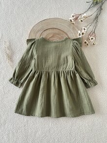 SHEIN 0-3歲女嬰單件洋裝，春秋款時尚森系軍綠色刺繡洋裝，幼兒與嬰兒休閒洋裝 - 軍綠色 - 查看 2