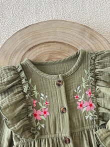 SHEIN 0-3歲女嬰單件洋裝，春秋款時尚森系軍綠色刺繡洋裝，幼兒與嬰兒休閒洋裝 - 軍綠色 - 查看 5
