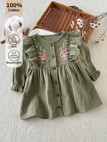 SHEIN 0-3歲女嬰單件洋裝，春秋款時尚森系軍綠色刺繡洋裝，幼兒與嬰兒休閒洋裝 - 軍綠色 - 查看 6