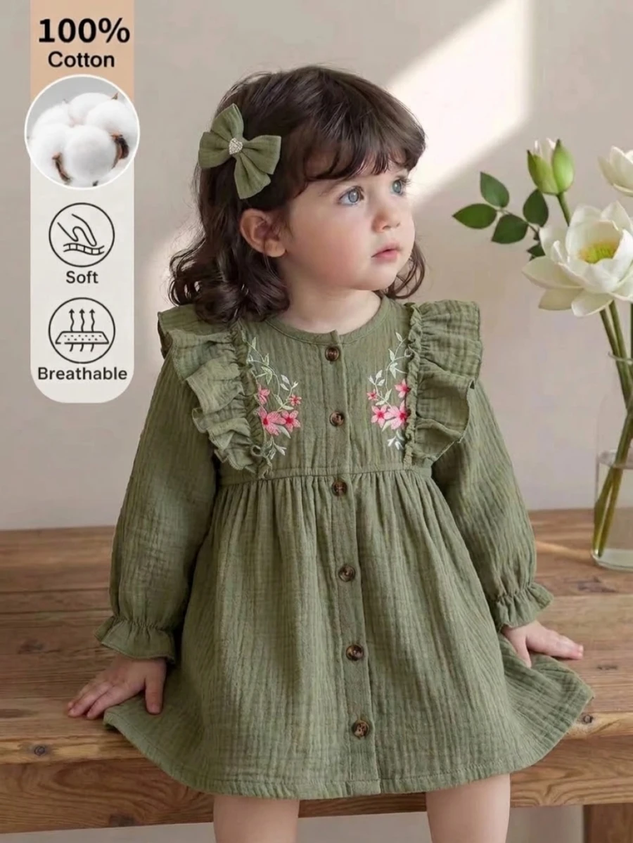 SHEIN 0-3歲女嬰單件洋裝,春秋款時尚森系軍綠色刺繡洋裝,幼兒與嬰兒休閒洋裝 - 軍綠色 - 查看 1