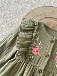 SHEIN 0-3歲女嬰單件洋裝，春秋款時尚森系軍綠色刺繡洋裝，幼兒與嬰兒休閒洋裝 - 軍綠色 - 查看 7