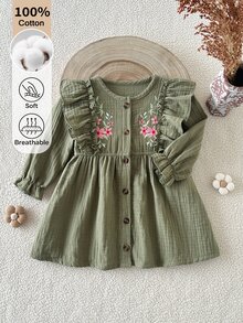 SHEIN 0-3歲女嬰單件洋裝，春秋款時尚森系軍綠色刺繡洋裝，幼兒與嬰兒休閒洋裝 - 軍綠色 - 查看 4