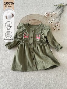 SHEIN 0-3歲女嬰單件洋裝，春秋款時尚森系軍綠色刺繡洋裝，幼兒與嬰兒休閒洋裝 - 軍綠色 - 查看 3