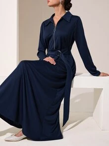 Graceveil Women's Collared Zip-Up Waist-Cinching Long Sleeve Shirt Dress, Metal Decoration, Elegant Modest A-Line Long Dress, Casual, Office, Navy Blue Autumn - Navy Blue - View 6