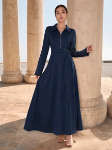 Graceveil Women's Collared Zip-Up Waist-Cinching Long Sleeve Shirt Dress, Metal Decoration, Elegant Modest A-Line Long Dress, Casual, Office, Navy Blue Autumn - Navy Blue - View 10