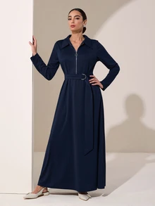 Graceveil Women's Collared Zip-Up Waist-Cinching Long Sleeve Shirt Dress, Metal Decoration, Elegant Modest A-Line Long Dress, Casual, Office, Navy Blue Autumn - Navy Blue - View 4