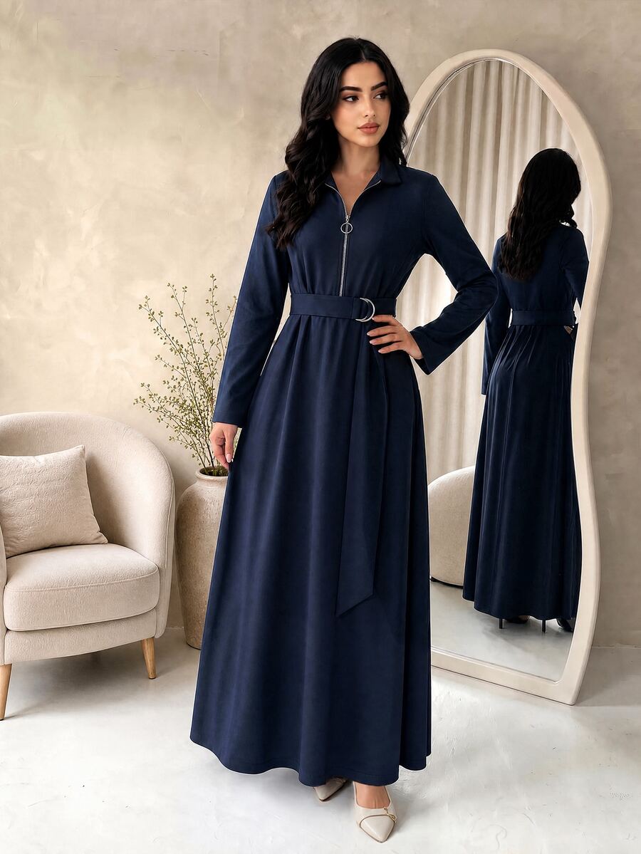 Graceveil Women's Collared Zip-Up Waist-Cinching Long Sleeve Shirt Dress, Metal Decoration, Elegant Modest A-Line Long Dress, Casual, Office, Navy Blue Autumn