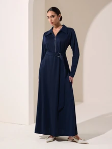 Graceveil Women's Collared Zip-Up Waist-Cinching Long Sleeve Shirt Dress, Metal Decoration, Elegant Modest A-Line Long Dress, Casual, Office, Navy Blue Autumn - Navy Blue - View 5