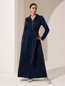 Graceveil Women's Collared Zip-Up Waist-Cinching Long Sleeve Shirt Dress, Metal Decoration, Elegant Modest A-Line Long Dress, Casual, Office, Navy Blue Autumn - Navy Blue - View 8