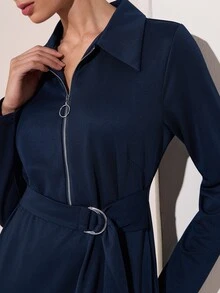 Graceveil Women's Collared Zip-Up Waist-Cinching Long Sleeve Shirt Dress, Metal Decoration, Elegant Modest A-Line Long Dress, Casual, Office, Navy Blue Autumn - Navy Blue - View 7
