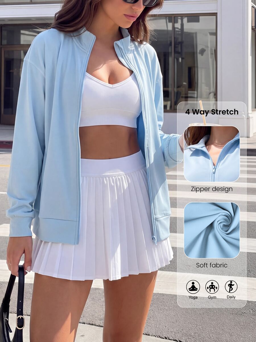Easithlete Autumn Casual Solid Color Long Sleeve Sports Jacket - Baby Blue - View 1